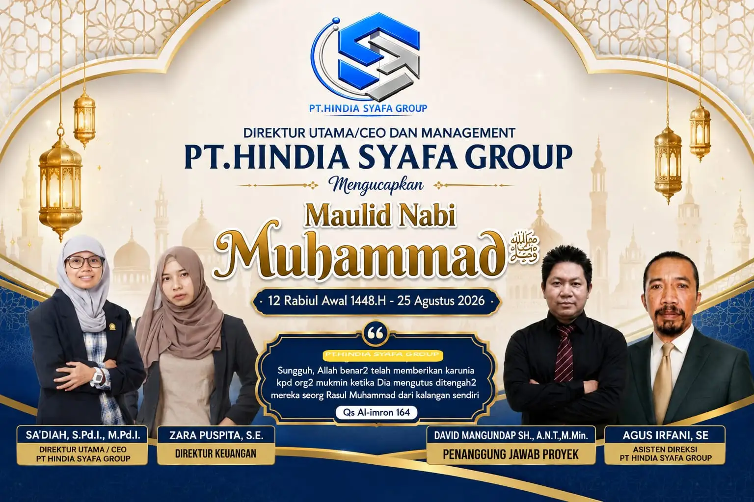 Direktur Utama/CEO PT. HINDIA SYAFA GROUP dan Management Sampaikan Ucapan Maulid Nabi Muhammad SAW 1448 H